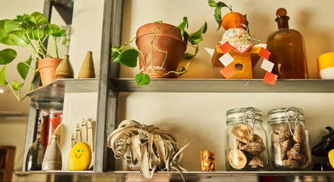 Shelves with decorative items including plants, jars, and small figurines.